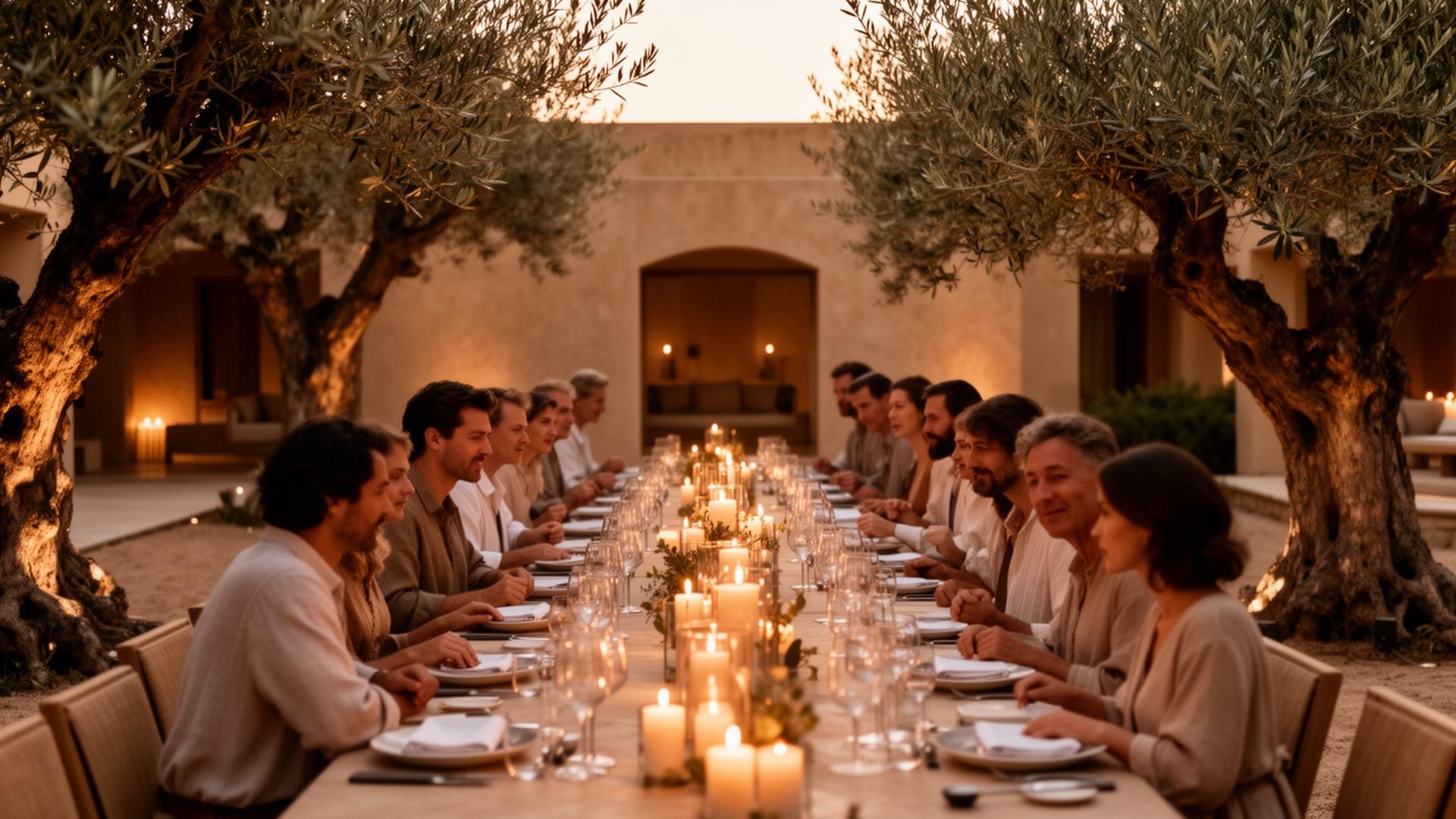 A candlelit gathering beneath olive trees at golden hour